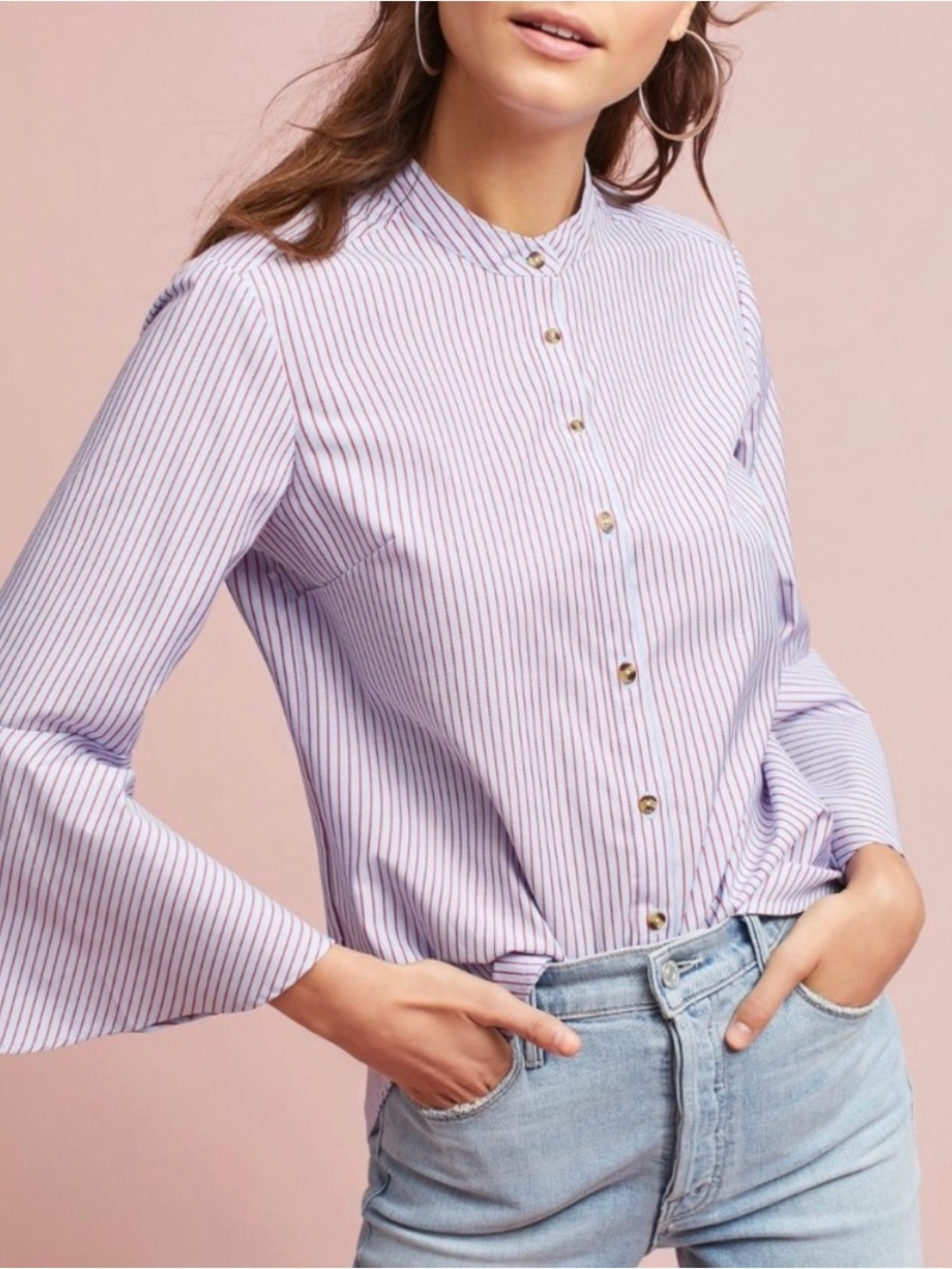 Anthropologie Maeve Striped Bell Sleeve Poplin Shirt Size 6